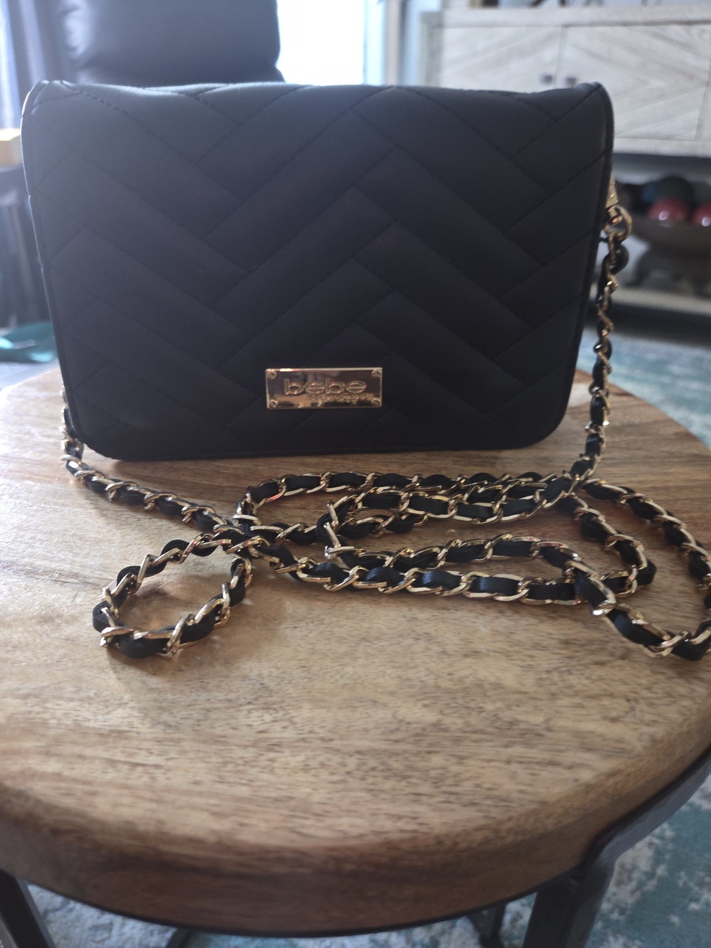 bebe Quilted Black Crossbody Bag with Gold Chain